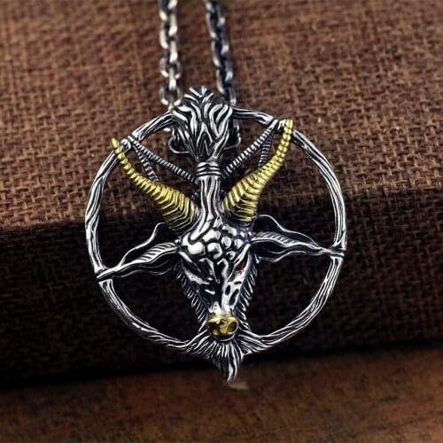 Vintage Solid 925 Sterling Silver color Necklace Pendant Thai silver satan sheep head five-pointed star sheep pendant Jewelry
