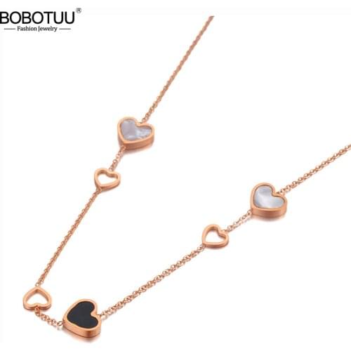 BOBOTUU Trendy Titanium Steel 6Pcs Love Heart Charm Pendant Necklace Jewelry Acrylic & Shell Wedding Necklace For Women BN20086
