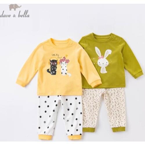 DB16083 dave bella autumn baby girls fashion cartoon print pajamas newborn baby underwear casual sleepwear 2 pcs suit