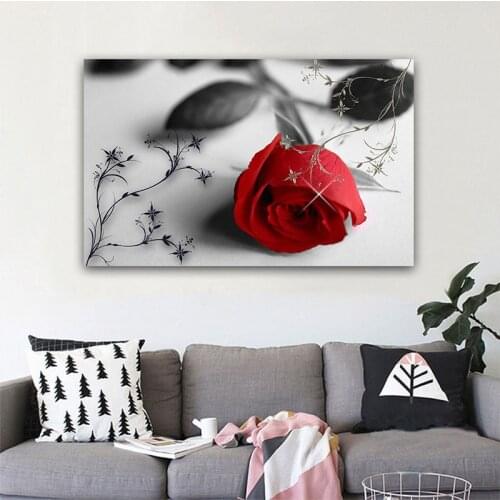 Red Rose Flower Landacape Posters and Prints Wall Art Canvas Painting Black White Picture Modern Home Decor