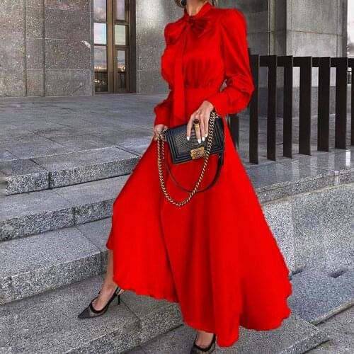 Women Satin Silk Red Dress Sexy Solid Bee Decor Bow Neck Long Sleeve High Waist Maxi Dress Elegant Autumn Long Dresses Vestidos