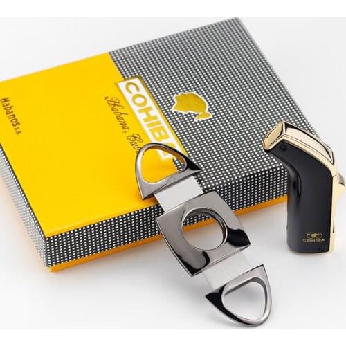 COHIBA Deluxe JET FLAME Cigarette Lighter And Stainless Steel Cigar Cutter With a Fashion Box as a Gift