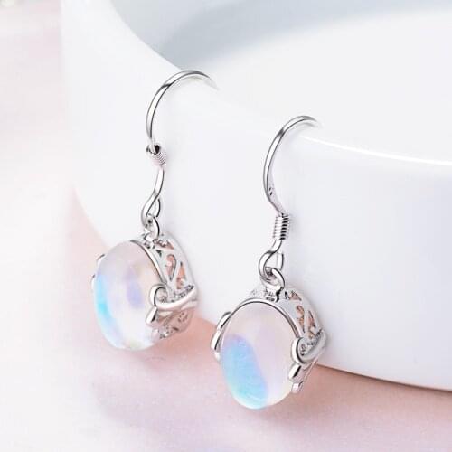 Karopel 925 Sterling Silver Earrings Rainbow Moon Stone Natural Semi-Precious Stones 925 Sterling Silver Earrings