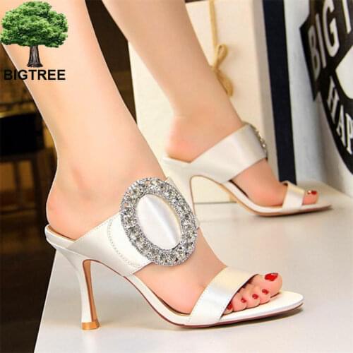 BIGTREE Crystal Buckle Womens Slippers Open Toe Soft Silk Platform Sexy Party Shoes High Heels Women Outdoor Slippers