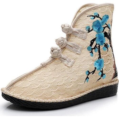 YourSeason Summer Autumn Ladies Lace Fabric Flat Shoes Breathable Cotton Embroidery Ankle Booties For Women Retro Short Boots