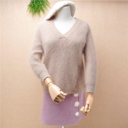 Ladies women fashion short style cropped mink cashmere knitted slim bottoming v-neck pullover angora fur jumper sweater tops