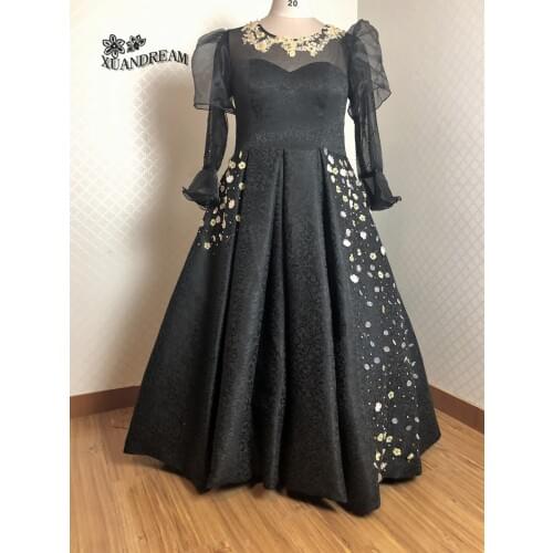 Plus size elegant print flowers women gown trajes de noche de gala long sleeves black prom dresses made in china XD-137