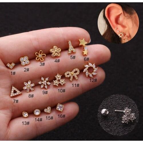 1 PCS Mix Design Cute Small Moon Star Flower Heart Ear Stud Cuff Earring Simple Micro Pave CZ Geometric Snowflake Ball Earrings