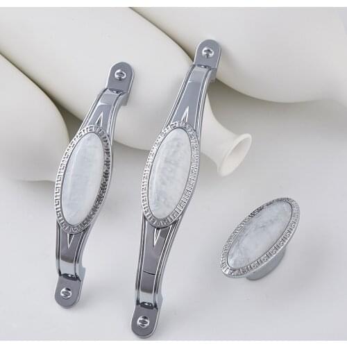 Elegant Luxury 2PCS Inlaid Jade Kitchen Cabinet Door Handles Cupboard Wardrobe Drawer TV Cabinet Pulls Handles and Knobs Chromed