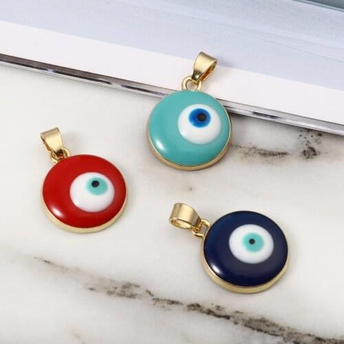 Fashion Turkish eye Charms Round Gold Plated Light Blue Evil Eye Enamel Lucky Charms For Jewelry Making 24mm x 16mm, 2 PCs