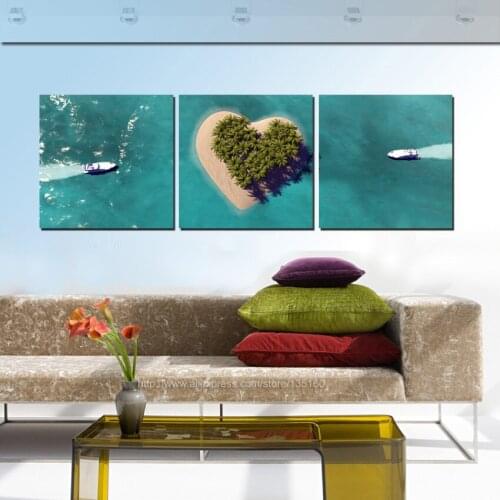 3 Panels Home Decor Ship Tropical Seascape Paintings Heart Island Oil Painting On Canvas Room Wall Romantic Decoration Unframed