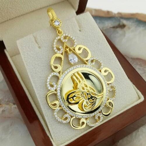925 Sterling Silver Gold Plated Women Necklace with Ottoman Sign and Drop Shaped Design