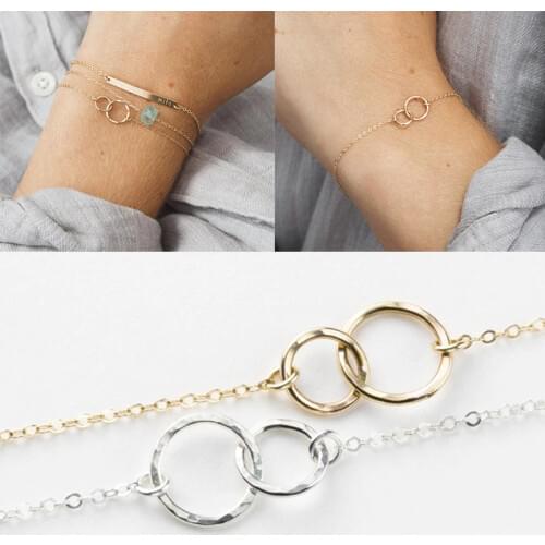 ROXI 925 Sterling Silver Bracelet Double Ring Circle Charm Bracelets for Women Simple Gold White Gold Womens Bracelets Jewelry