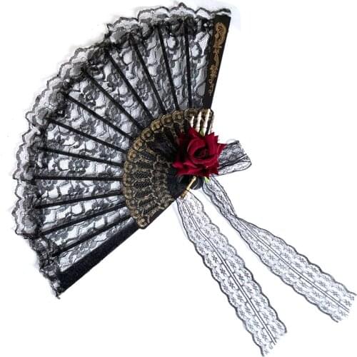 Gothic-Style Black Lace Fan Rose Skeleton Hand Lolita Photographic Prop Folding Fan Halloween Party Accessory