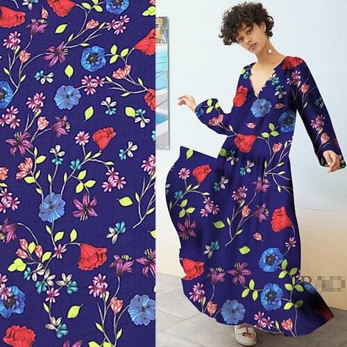 Floral on deep blue 100% silk crepe georgette silk fabric 135cm width,SCG498