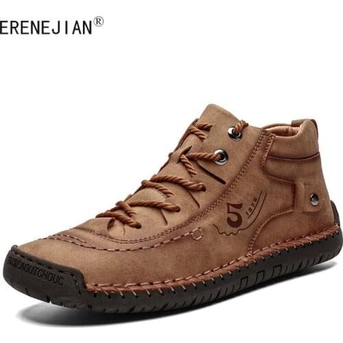 ERENEJIAN Mens Winter Warm Leather Boots Fleece Lined Thick Thermal Shoes Split Leather Comfortable Ankle Boots Plus Size 38-48