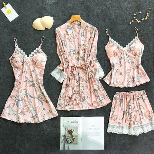 Pink Womens 4PC Strap Top Pants Suit Pajamas Sleepwear Sets Spring Home Wear Nightwear Sexy Kimono Robe Bath Gown Bathrobe