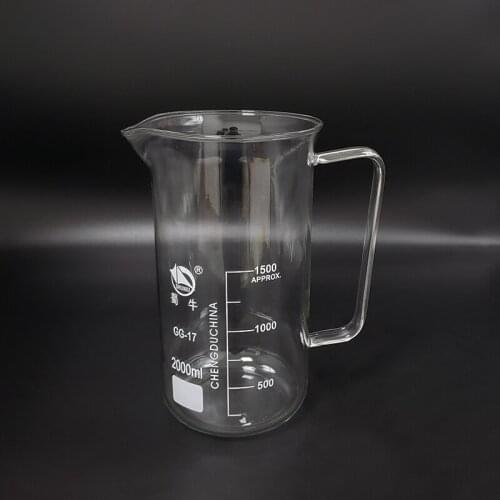 With handle Beaker in tall form,Capacity 2000ml,Outer diameter=123mm,Height=244mm,Laboratory beaker