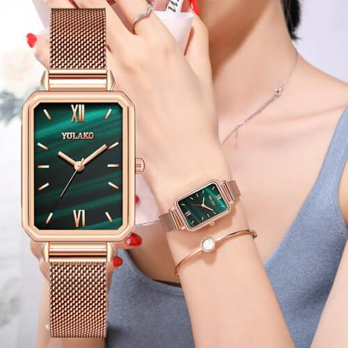 Small Green Watch Women Watches Top Brand Luxury Fashion Rectangular Rose Gold Watch Ladies Ultra-thin Mesh Quartz Wristwatch
