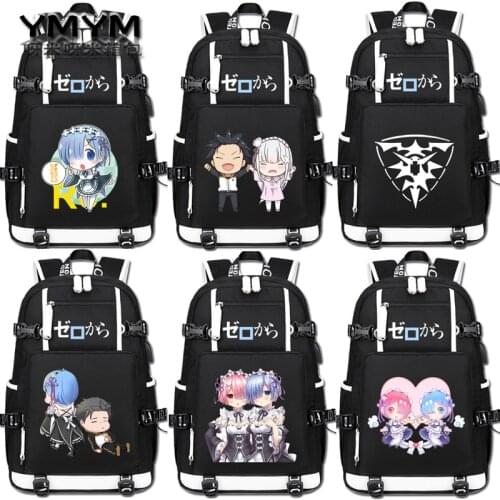 Re:Life In A Different World From Zero Cosplay Fashion Backpack USB Charging Port School Student Bag Travel Laptop Rucksack Gift