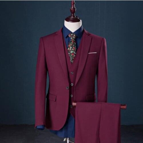 Wedding Suits For Men Suit Set Slim Burgundy Tuxedos 3 Pieces Formal Clothes Groomsmen Groom Mens Suits 2021 (Jacket+Pants+Vest)