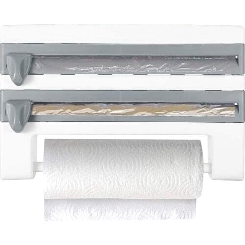 Wall-Mount Paper Towel Holder, Multifunctional Kitchen Plastic Wrap Cling Film Foil Dispenser, Cutter Shelf