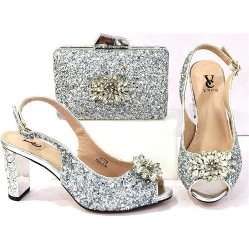 Latest Design Women Italian African Party Pumps Shoes and Bag Set Decorated with Rhinestone Women Shoes and Bag Set In Silver