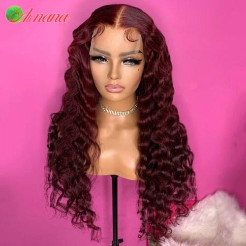 30 Inch Malaysian Loose Deep Wave Wig 13x4 Lace Front Human Hair Wigs For Black Women 99 Red Color 180% Density Remy Curly Wigs