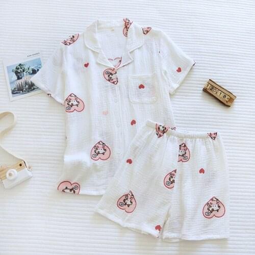 Short-sleeved shorts pajamas set womens cotton crepe cardigan lapel two-piece summer thin loose cute cartoon home wear new