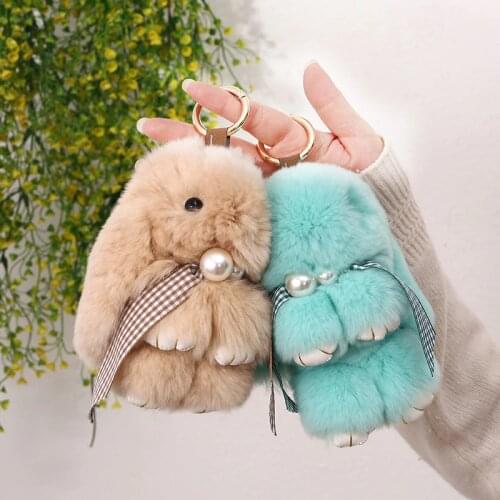 Cute 15CM Pluff bunny keychain real rabbit fur Key Chain For Women Bag car holder Toy Doll Fluffy Pom Pom Lovely Pompom Keyring