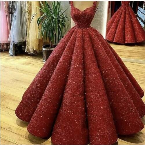 2022 Arabain Design spaghetti Strap Sweetheart Bling Bling Glitter Ball Gown Puffy Burgundy Evening Dresses