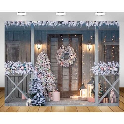 Mehofond Christmas Backdrop Outdoor Tree Wreath Wood Door Glitter Light Baby Portrait Photography Background Props Photo Studio
