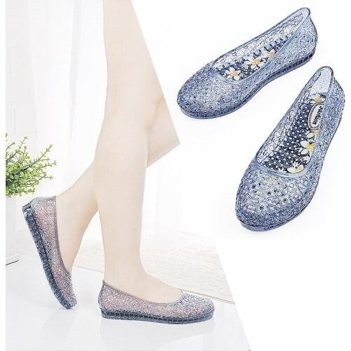 Crystal Sandals Womens Fashion Jelly Transparent Summer Outside Wearing Sandals Comfortable Net Shoes Female Flat Sandals Shoes
