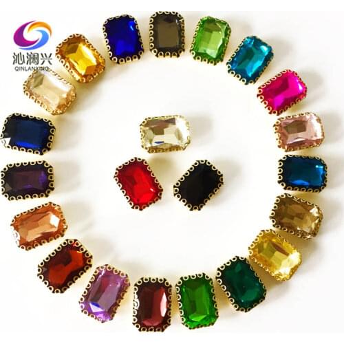 10x14mm/13x18mm Rectangle shape top glass crystal claw rhinestones,golden base sew on stone for Diy/Clothing accessories