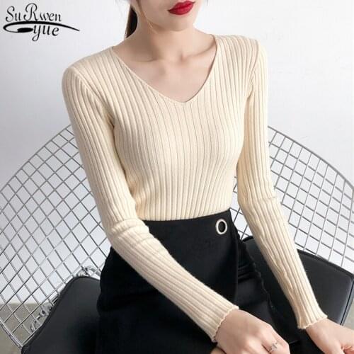 2021 Autumn and Winter New V-neck Long Sleeve Bottoming Sweater Korean Slim Elasticity Knitted Pullover Knitwear Tops 10309