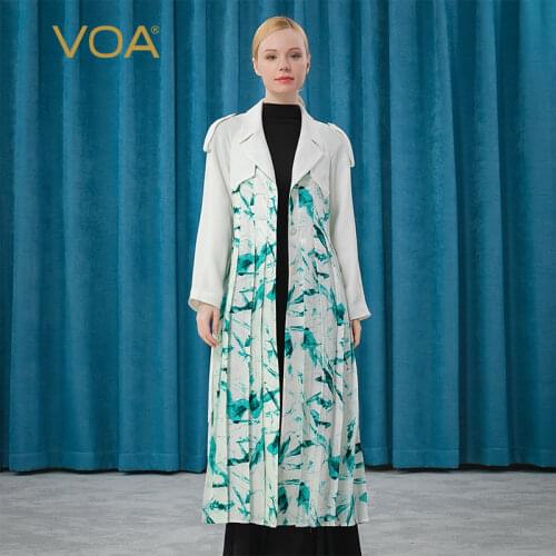 VOA silk jacquard suit collar with contrast fabric stitching inset sleeve single breasted bandage waist pleated long trench FE86