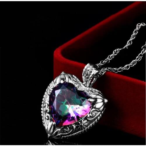 Big Heart Fire Rainbow Gemstone Pendant for Women Mystic Topaz Necklace 925 Sterling Silver Beloved Gifts Vintage Gems Jewelry