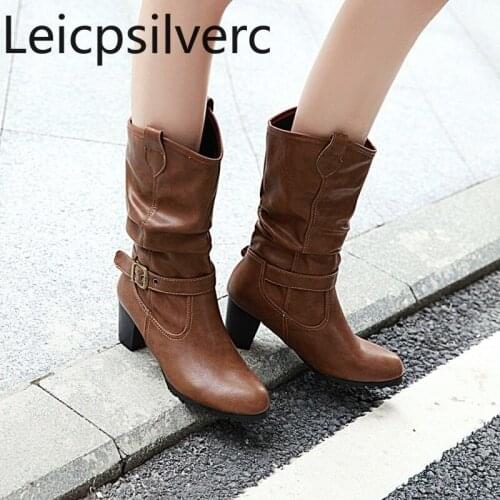 Womens Boots The New winter fashion Round head mid heel Middle tube Womens shoes plus size 34-43 Heel Height 6.5cm black