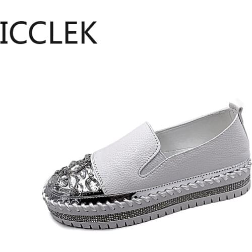 Crystals Round Toe Leather Flats Shoes Women Silver Bling Loafers Couple Platform Shoes Woman Flat A219
