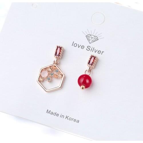 925 Sterling Silver Zircon Earring Jewelry Temperament Red Pearl Hexagon Asymmetric Retro Dangle Earrings For Women S-E1036