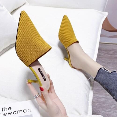 Baotou Half Slippers Womens Pointed Sandals Fashionable Flying Woven Thin Heel Sandals High Heels 6-8CM Slippers