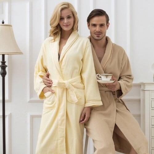 Womens Bathrobe Long Soft Warm Solid Color Bride Robe Full Sleeve 100% Cotton Sleep Lounge Robes Kimono Bride Bath Robe