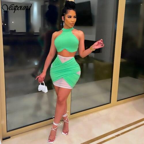 New Mesh Splicing Women Two Piece Set Halter Cropped And Mini Skirt Fashion Summer Women Outfit Cross Bandage Skirt Sets
