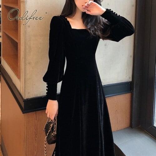 Ordifree 2021 Autumn Women Black Velvet Dress Long Sleeve Vintage Elegant Lady Midi Party Dress