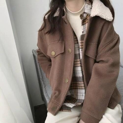 Retro Hong Kong Style Small Woolen Coat Women 2020 New Autumn and Winter Lamb Fur Collar Thick Short