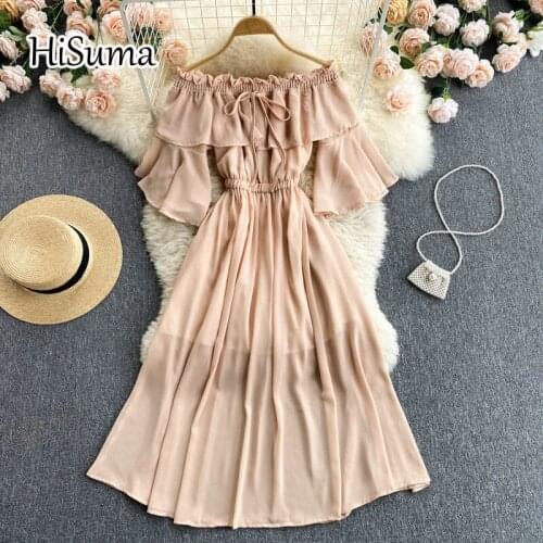 2021 summer new women slash neck flare sleeve ruffles chiffon A-line dress female Chic elegant waist beach dresses
