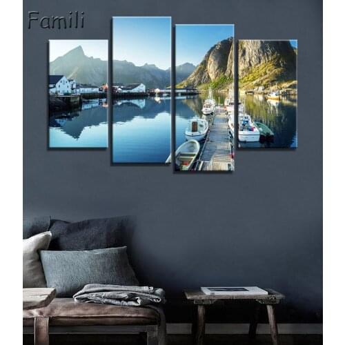4piece canvas art Building Norway fjord harbor mountains buildings panorama Home Decor Canvas Poster Print,decorative pictures