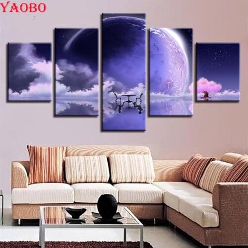 5D Rhinestones Embroidery 5 Pieces Purple Moon Reflection Paintings Diamond Painting Cross Stitch Kits DIY Diamond Mosaic kit