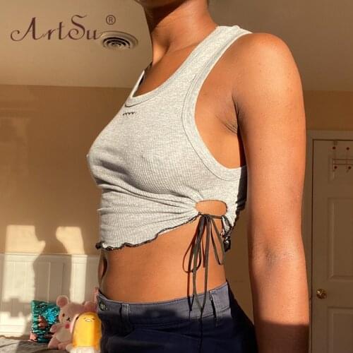 ArtSu O-Neck Side Drawstring Ribbed Stretchy Slim Tank Tops Women Love Embroidery Casual Black Crop Top Grey White Summer Tees