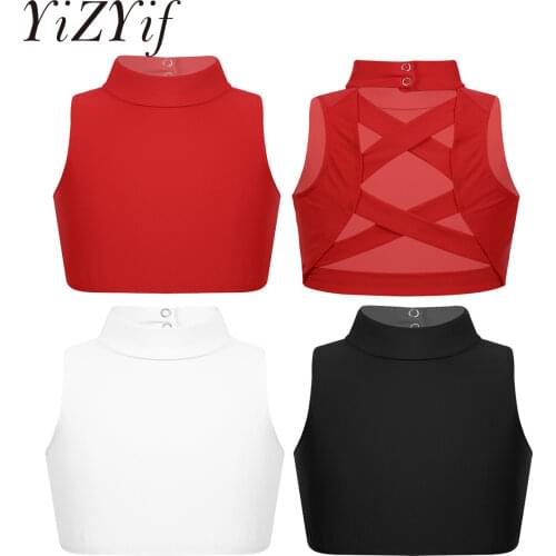 Kids Girls Ballet Dancewear Crop Top Sleeveless Mock Neck Criss Cross Back Tanks Bra Tops for Ballet Dance Workout Outfits